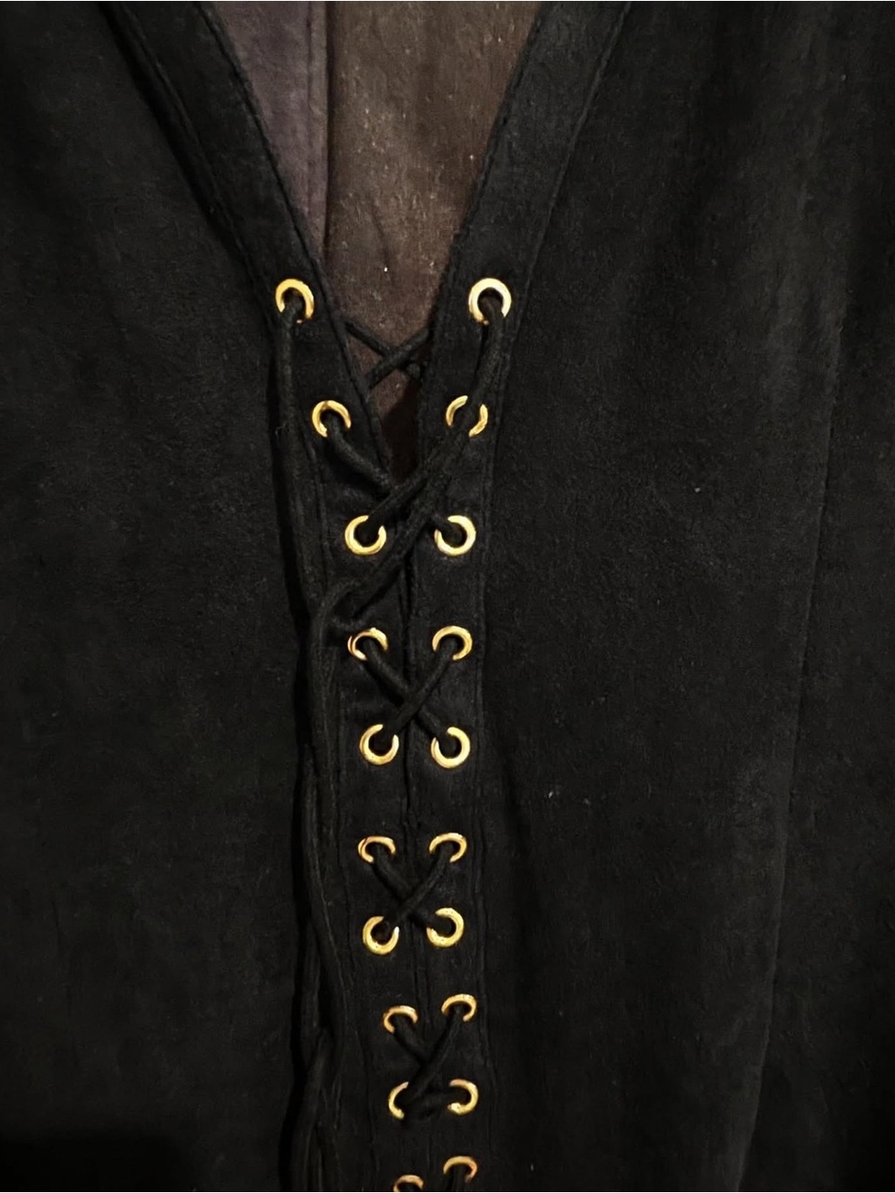 Black Suede Lace-Up Mini Dress - Long Sleeve, Gold Eyelets, Back Zipper